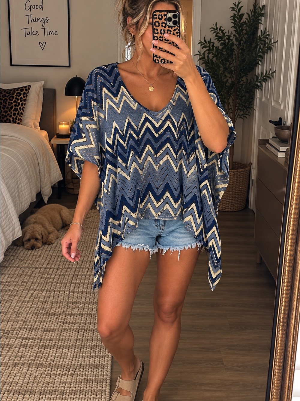 INC International Concepts Navy  Chevron V-Neck Poncho Top